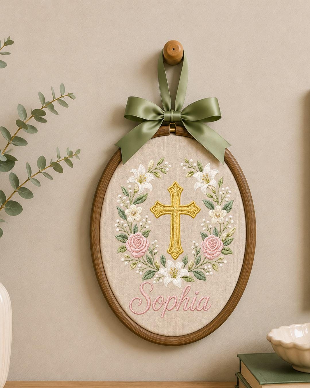 Personalized Embroidered Cross Ornament, Custom Name Christian Nursery Decor, Floral Baptism Gift, Baby Girl Religious Keepsake