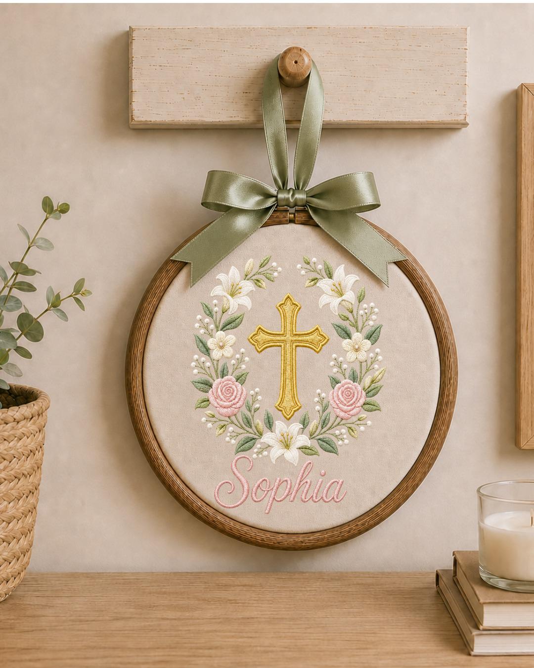 Personalized Embroidered Cross Ornament, Custom Name Christian Nursery Decor, Floral Baptism Gift, Baby Girl Religious Keepsake