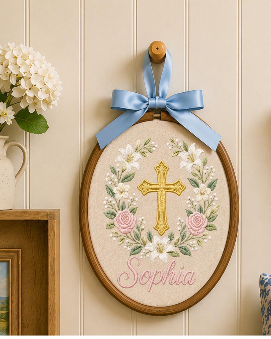 Personalized Embroidered Cross Ornament, Custom Name Christian Nursery Decor, Floral Baptism Gift, Baby Girl Religious Keepsake