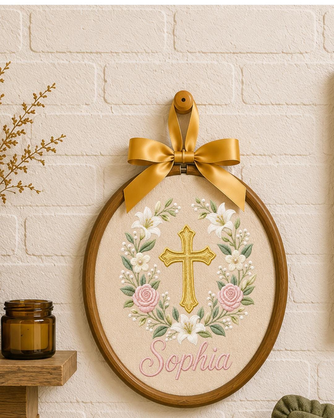 Personalized Embroidered Cross Ornament, Custom Name Christian Nursery Decor, Floral Baptism Gift, Baby Girl Religious Keepsake