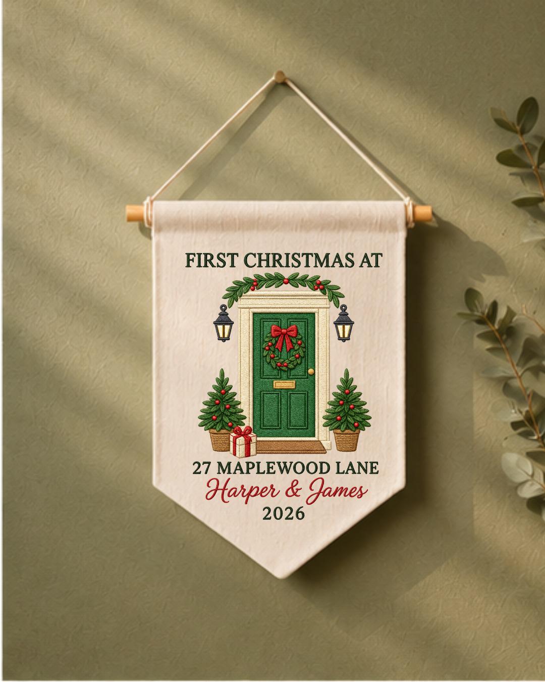 Personalized First Christmas Home Wall Hanging, Custom Address Embroidered Banner, New Home Christmas Decor, Couple Housewarming Gift 2026