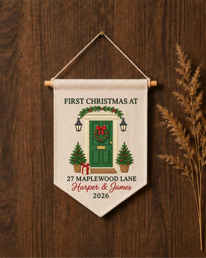 Personalized First Christmas Home Wall Hanging, Custom Address Embroidered Banner, New Home Christmas Decor, Couple Housewarming Gift 2026
