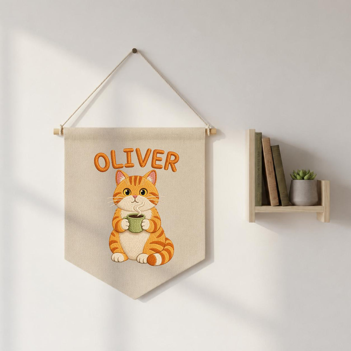 Personalized Embroidered Orange Cat Coffee Banner, Nursery Wall Decor, Oliver Name Sign