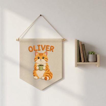 Personalized Embroidered Orange Cat Coffee Banner, Nursery Wall Decor, Oliver Name Sign