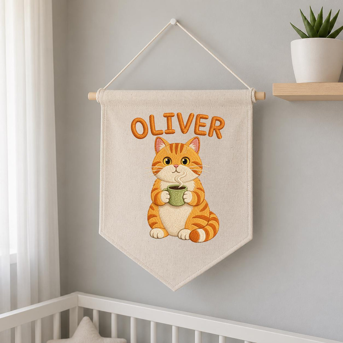 Personalized Embroidered Orange Cat Coffee Banner, Nursery Wall Decor, Oliver Name Sign