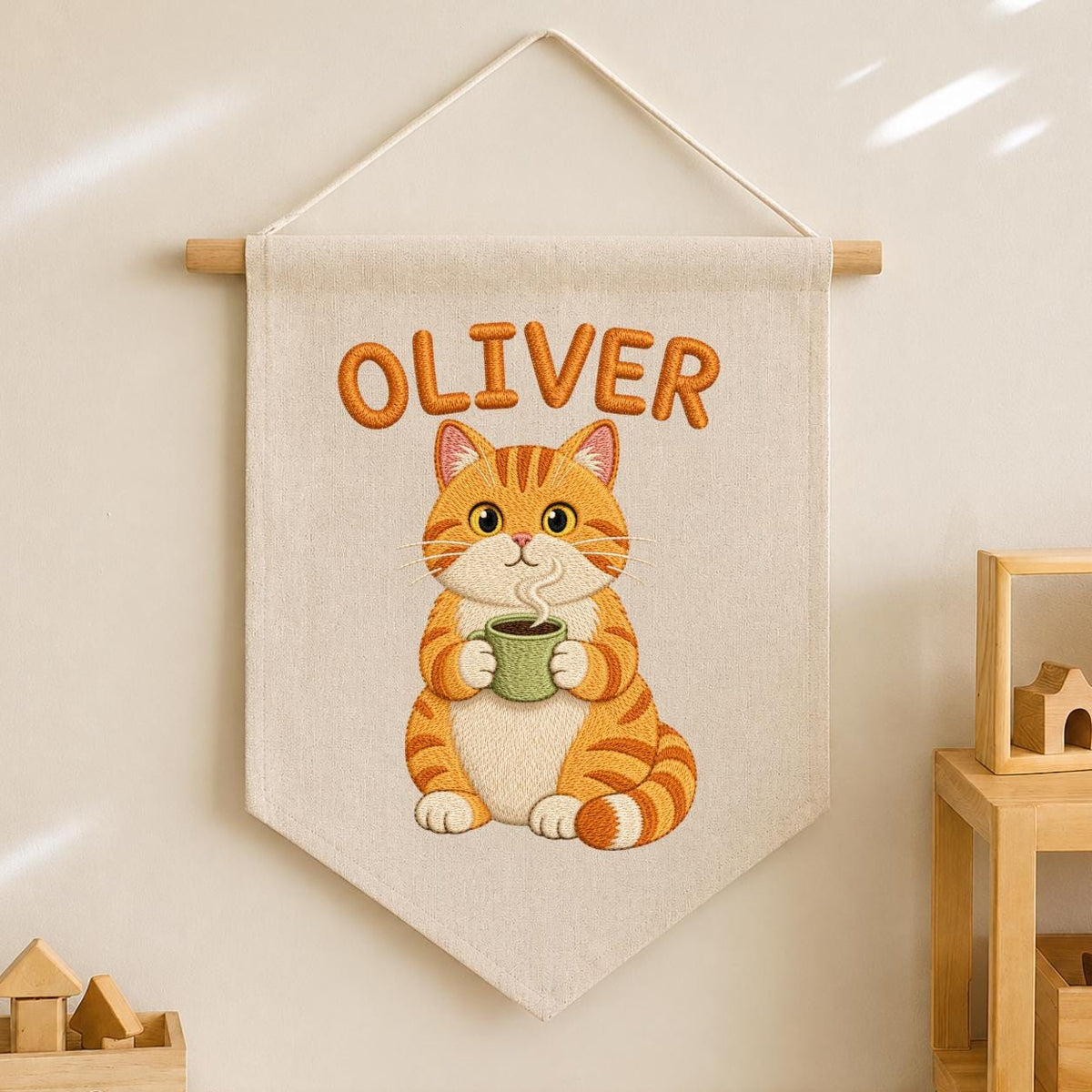 Personalized Embroidered Orange Cat Coffee Banner, Nursery Wall Decor, Oliver Name Sign