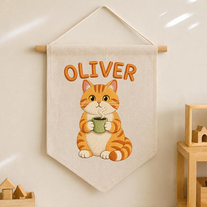 Personalized Embroidered Orange Cat Coffee Banner, Nursery Wall Decor, Oliver Name Sign