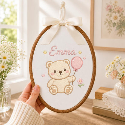 Embroidered Teddy Bear Oval Hoop Art, Custom Name Nursery Decor, Baby Girl Gift