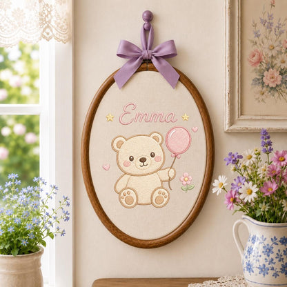 Embroidered Teddy Bear Oval Hoop Art, Custom Name Nursery Decor, Baby Girl Gift