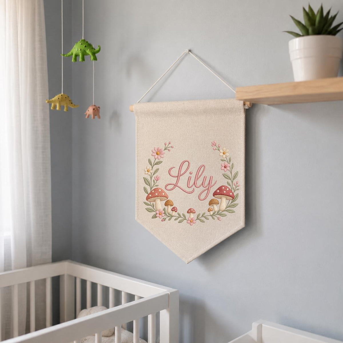 Personalized Embroidered Wildflower Mushroom Banner, Custom Name Nursery Decor