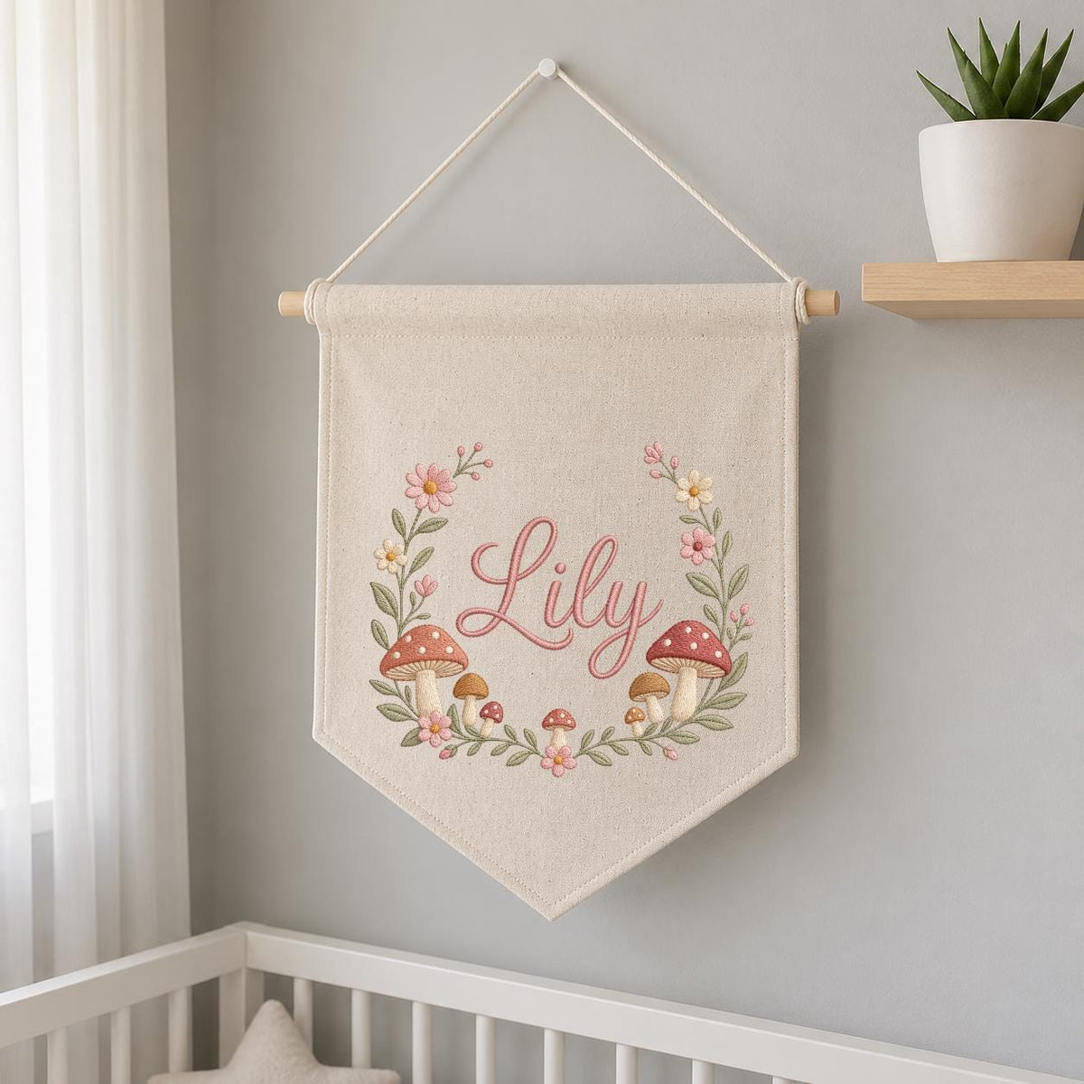 Personalized Embroidered Wildflower Mushroom Banner, Custom Name Nursery Decor