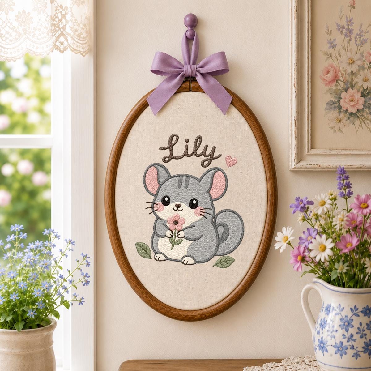 Personalized Chinchilla Embroidered Hoop Art, Custom Name Nursery Decor