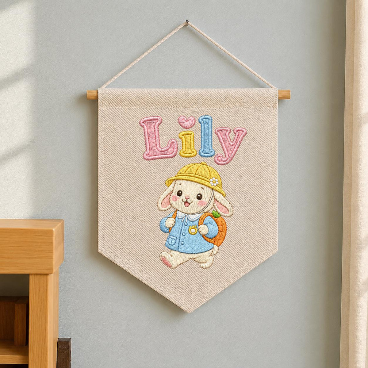 Personalized Embroidered Bunny Name Banner, Nursery Wall Decor, Linen Canvas Pennant