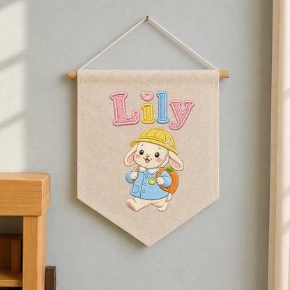 Personalized Embroidered Bunny Name Banner, Nursery Wall Decor, Linen Canvas Pennant