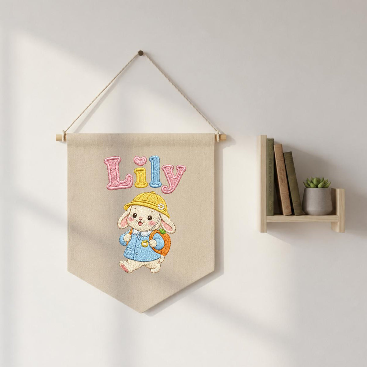 Personalized Embroidered Bunny Name Banner, Nursery Wall Decor, Linen Canvas Pennant