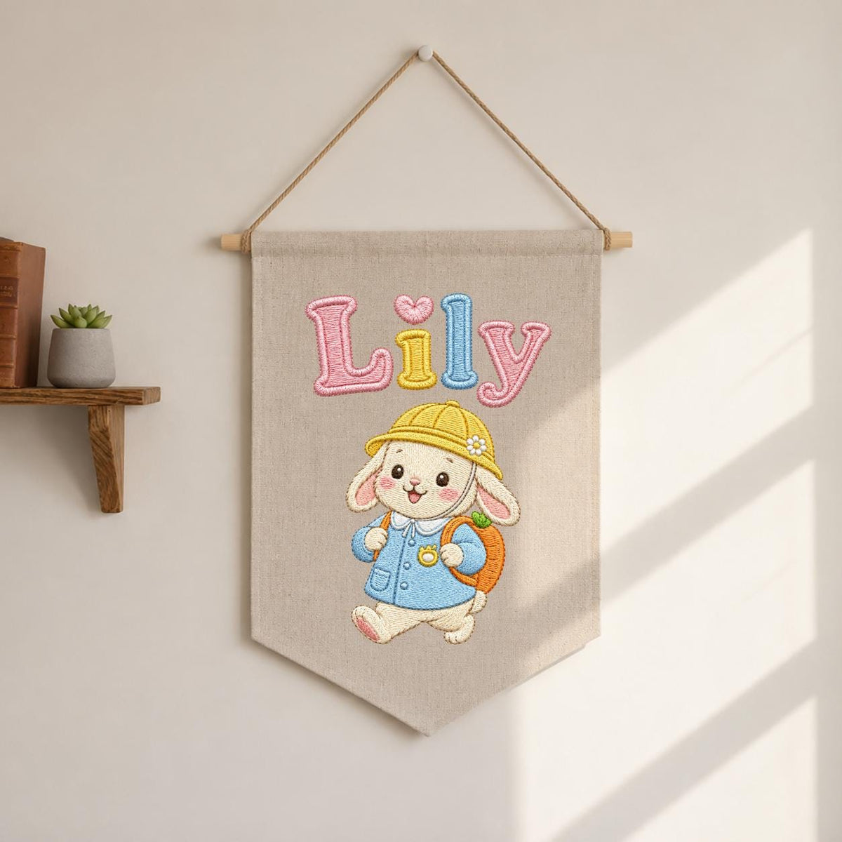 Personalized Embroidered Bunny Name Banner, Nursery Wall Decor, Linen Canvas Pennant