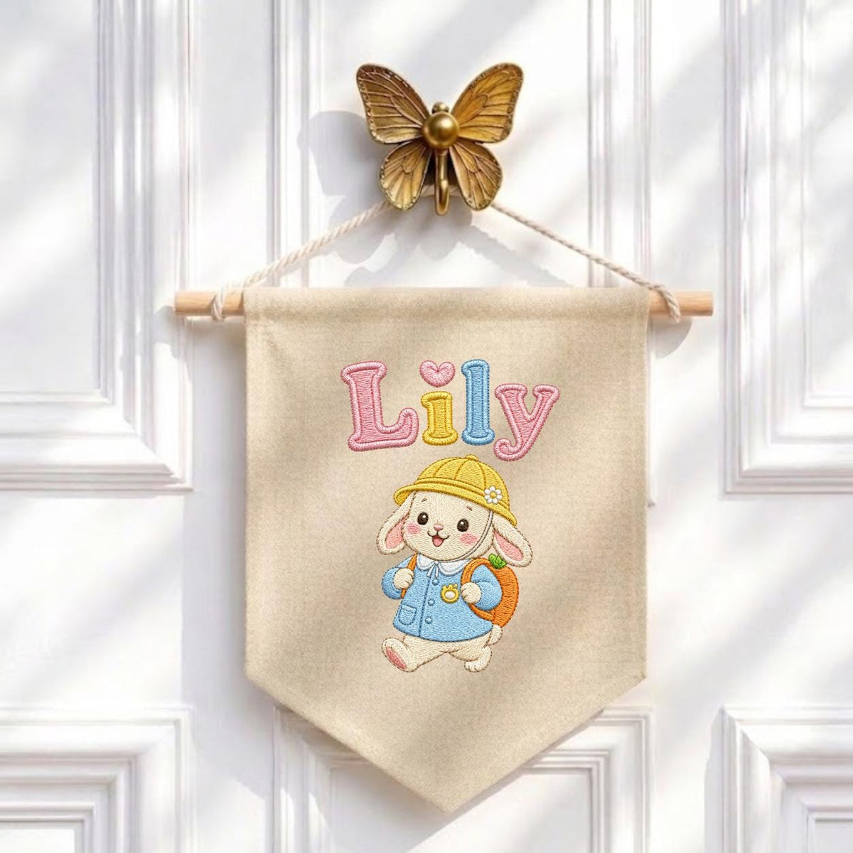 Personalized Embroidered Bunny Name Banner, Nursery Wall Decor, Linen Canvas Pennant
