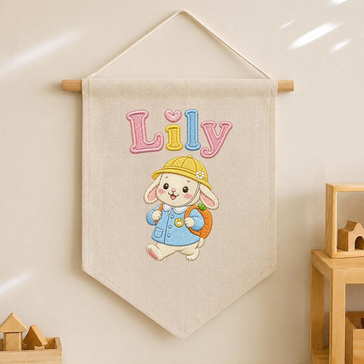 Personalized Embroidered Bunny Name Banner, Nursery Wall Decor, Linen Canvas Pennant