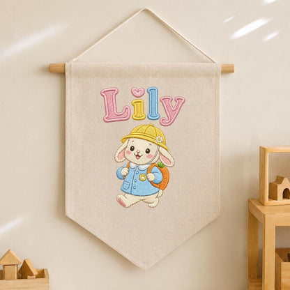 Personalized Embroidered Bunny Name Banner, Nursery Wall Decor, Linen Canvas Pennant