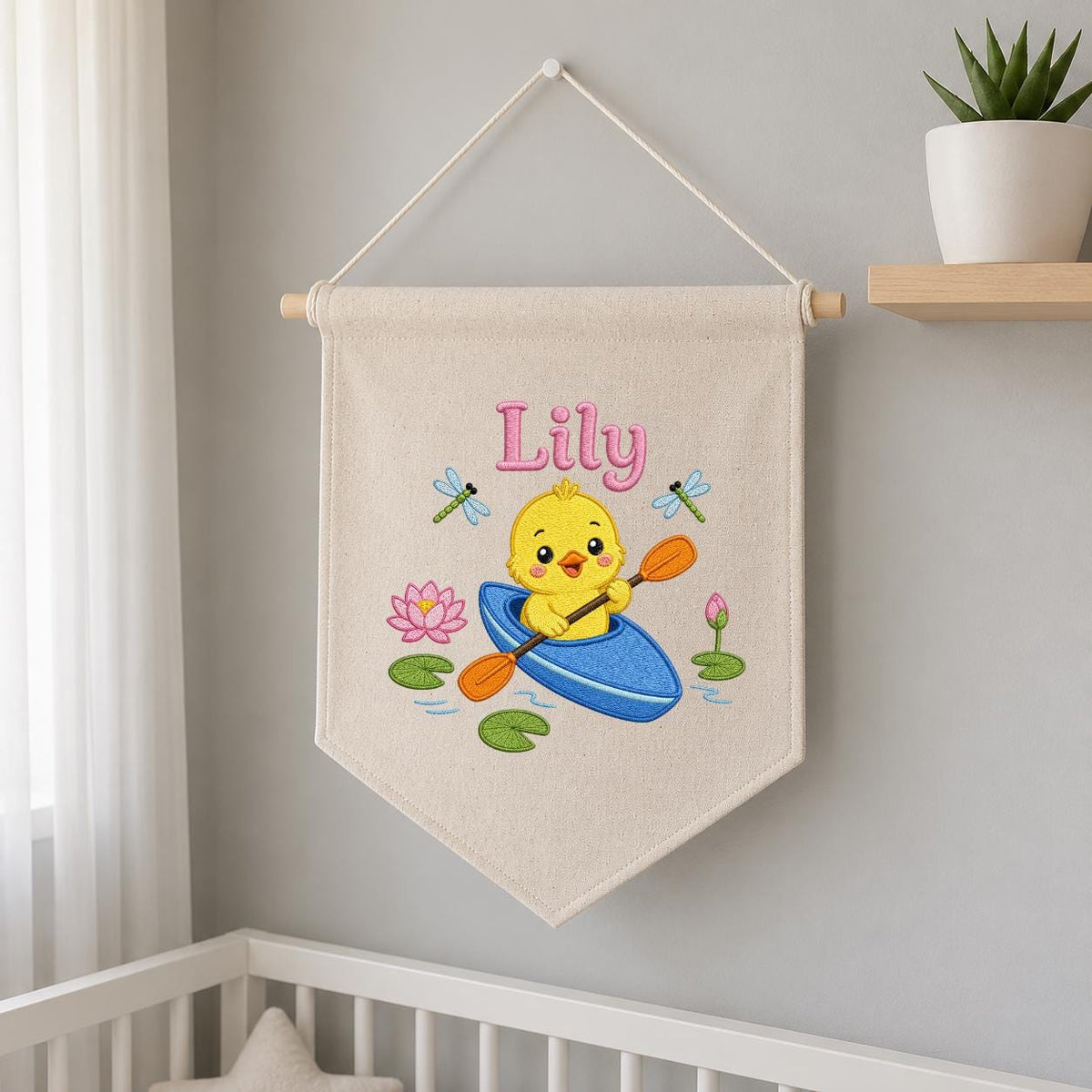Personalized Embroidered Duckling Kayak Banner, Nursery Pond Decor