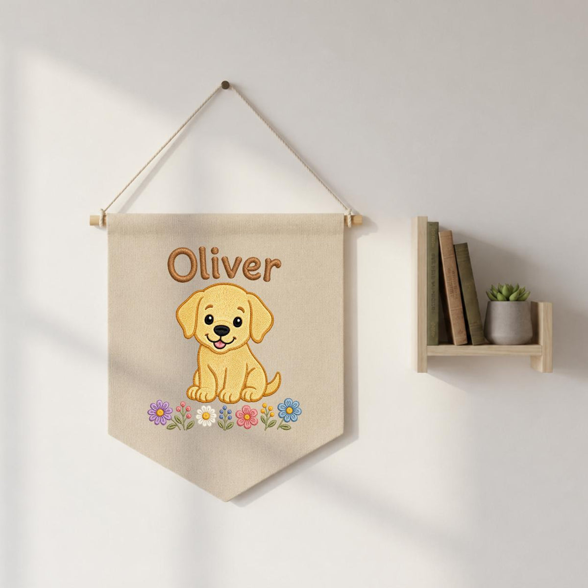 Personalized Puppy Dog Embroidered Banner, Floral Nursery Decor, Custom Name Wall Art