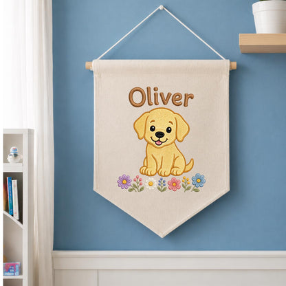 Personalized Puppy Dog Embroidered Banner, Floral Nursery Decor, Custom Name Wall Art