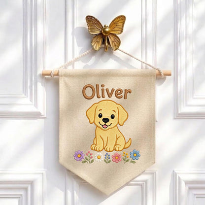 Personalized Puppy Dog Embroidered Banner, Floral Nursery Decor, Custom Name Wall Art