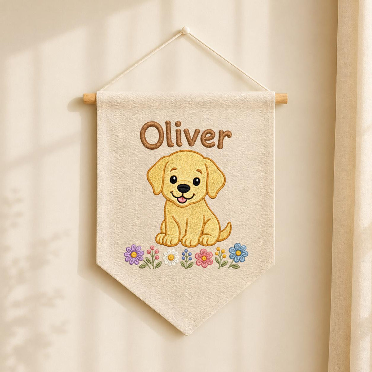 Personalized Puppy Dog Embroidered Banner, Floral Nursery Decor, Custom Name Wall Art