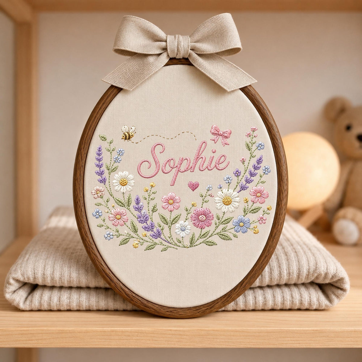 May include: An oval embroidery hoop featuring a beige fabric background with the name Sophie stitched in pink cursive. The design includes colorful embroidered flowers, a small bee, and a pink bow, topped with a beige fabric bow.