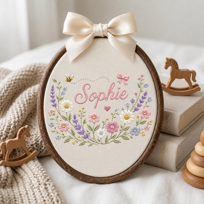 May include: An oval embroidery hoop with a dark wood frame containing cream fabric. The fabric features the name Sophie embroidered in pink script, surrounded by colorful floral motifs, a small bee, a pink bow, and a heart. A cream satin bow sits on top.