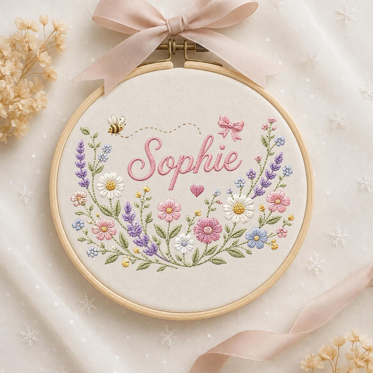 May include: A circular wooden embroidery hoop containing cream-colored fabric with the name Sophie stitched in pink cursive. The design features embroidered lavender, daisies, and small pink flowers, a tiny bee, a pink bow, and a small heart.