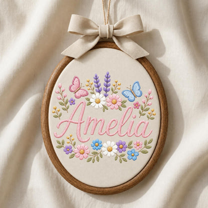 May include: An oval wooden embroidery hoop containing cream fabric with the name Amelia stitched in pink cursive script. The text is surrounded by embroidered flowers in shades of pink, blue, white, and purple, two butterflies, and a beige fabric bow.