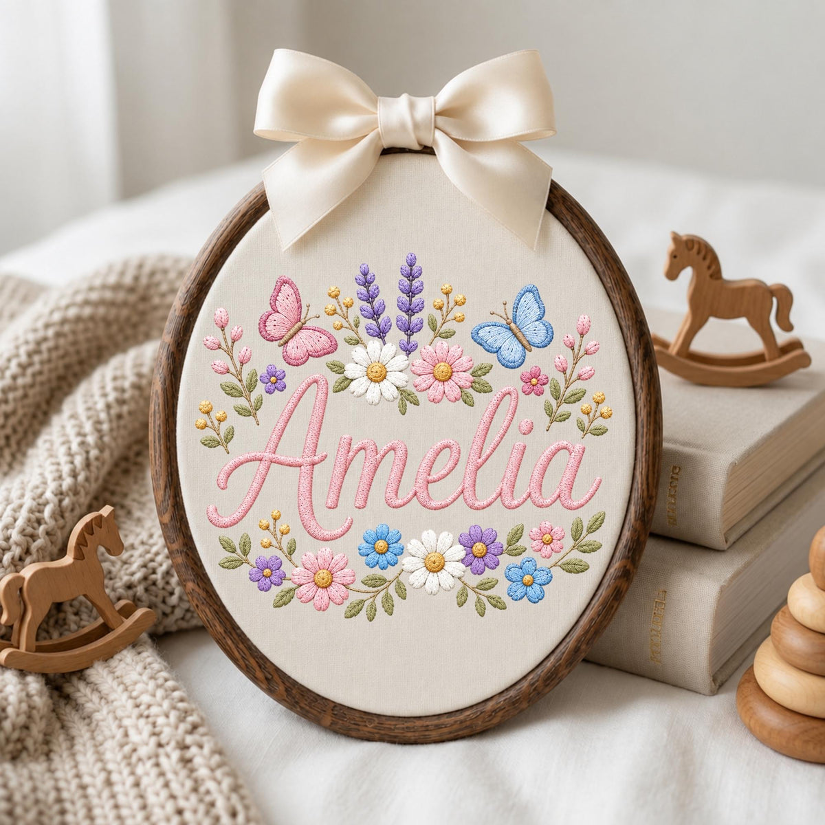 May include: An oval embroidery hoop featuring the name Amelia stitched in pink cursive thread, surrounded by embroidered flowers in shades of pink, blue, and white, two butterflies, and green leaves, topped with a cream-colored satin ribbon bow.