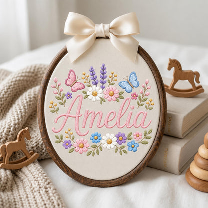 May include: An oval embroidery hoop featuring the name Amelia stitched in pink cursive thread, surrounded by embroidered flowers in shades of pink, blue, and white, two butterflies, and green leaves, topped with a cream-colored satin ribbon bow.