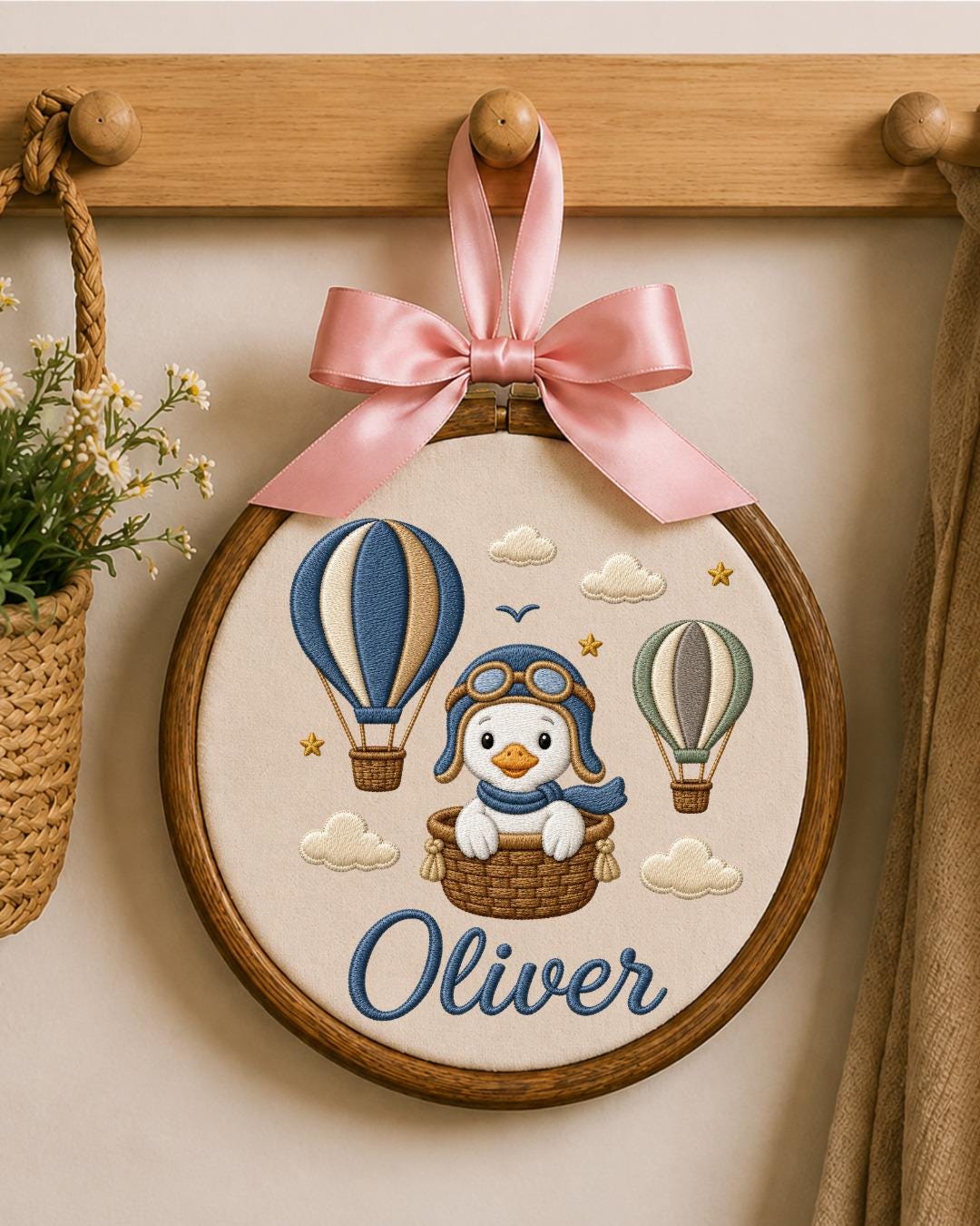 Personalized Penguin Embroidery Hoop, Custom Baby Name Ornament, Hot Air Balloon Nursery Decor, Baby Boy Room Sign, Newborn Keepsake Gift
