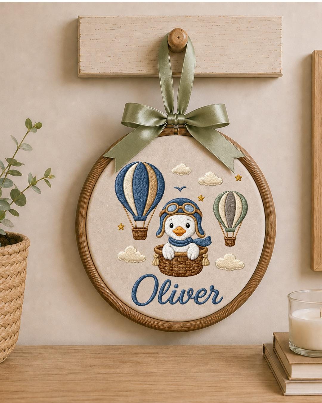 Personalized Penguin Embroidery Hoop, Custom Baby Name Ornament, Hot Air Balloon Nursery Decor, Baby Boy Room Sign, Newborn Keepsake Gift