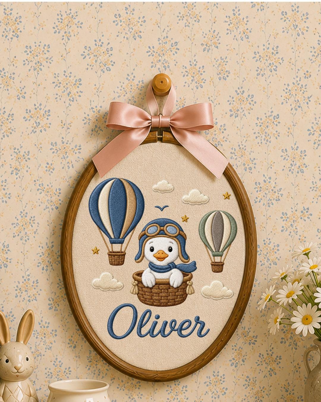 Personalized Penguin Embroidery Hoop, Custom Baby Name Ornament, Hot Air Balloon Nursery Decor, Baby Boy Room Sign, Newborn Keepsake Gift