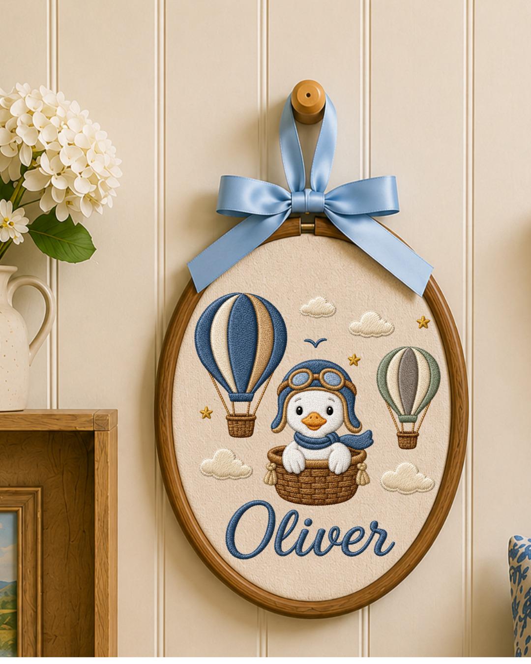 Personalized Penguin Embroidery Hoop, Custom Baby Name Ornament, Hot Air Balloon Nursery Decor, Baby Boy Room Sign, Newborn Keepsake Gift