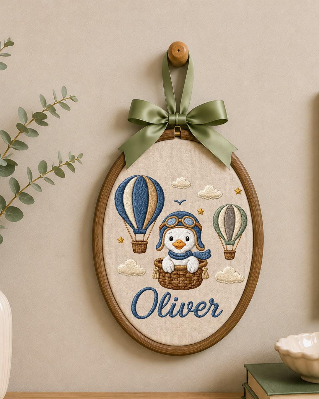 Personalized Penguin Embroidery Hoop, Custom Baby Name Ornament, Hot Air Balloon Nursery Decor, Baby Boy Room Sign, Newborn Keepsake Gift