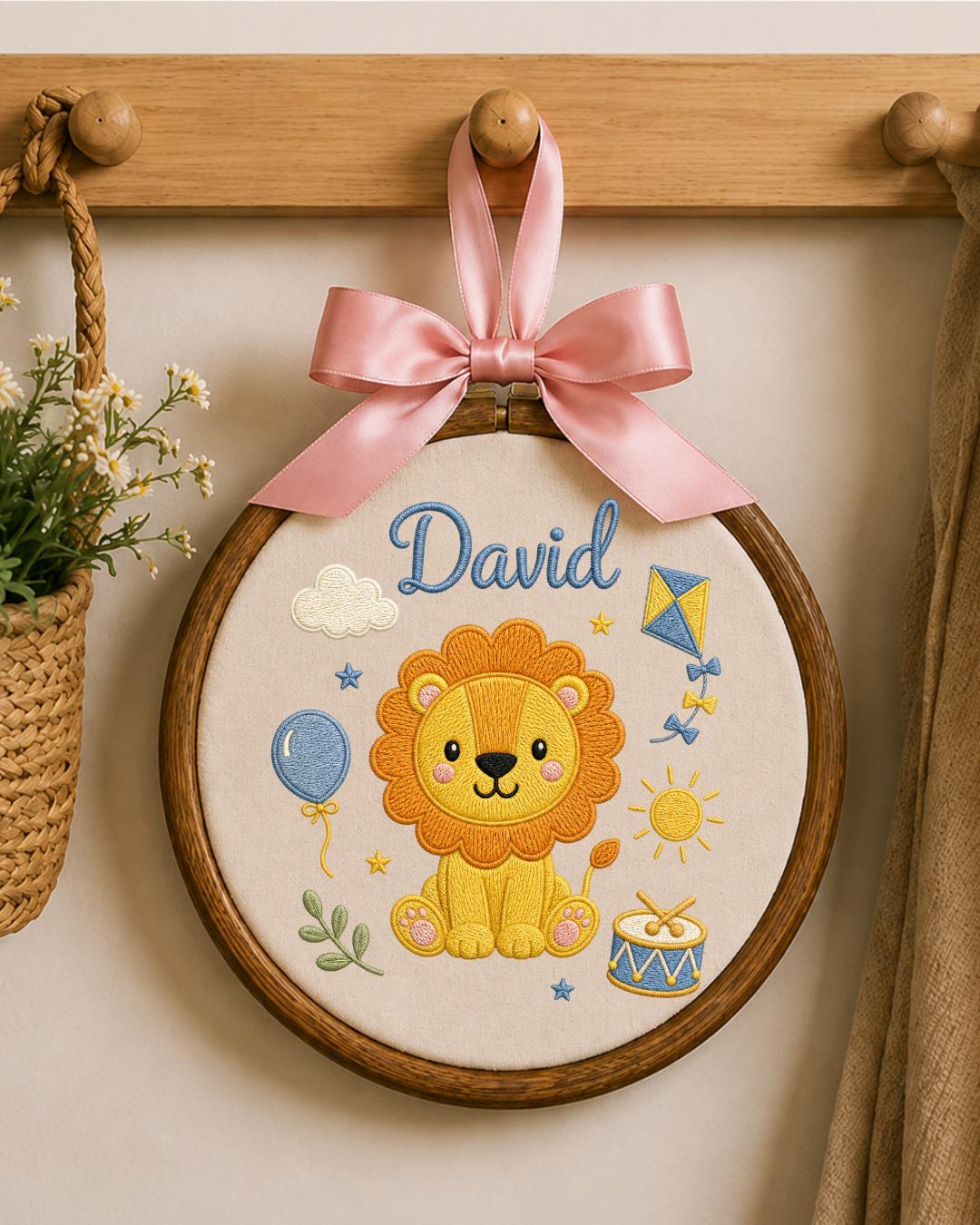 Personalized Lion Embroidery Hoop, Custom Baby Name Ornament, Safari Nursery Wall Decor, Baby Boy Room Sign, Newborn Keepsake Gift