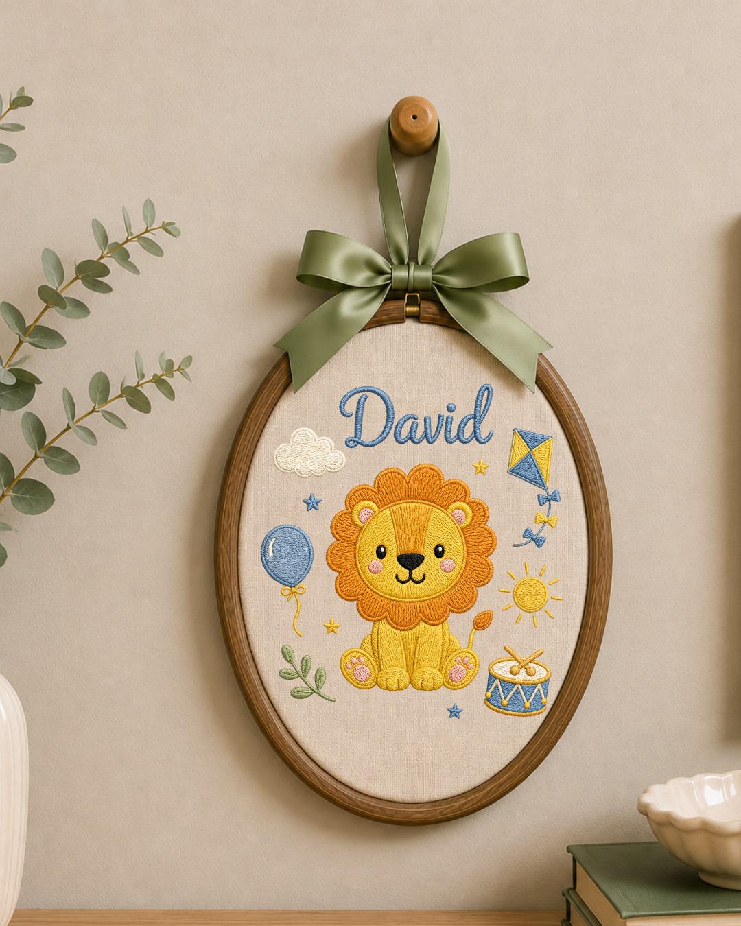 Personalized Lion Embroidery Hoop, Custom Baby Name Ornament, Safari Nursery Wall Decor, Baby Boy Room Sign, Newborn Keepsake Gift