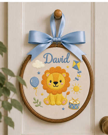 Personalized Lion Embroidery Hoop, Custom Baby Name Ornament, Safari Nursery Wall Decor, Baby Boy Room Sign, Newborn Keepsake Gift