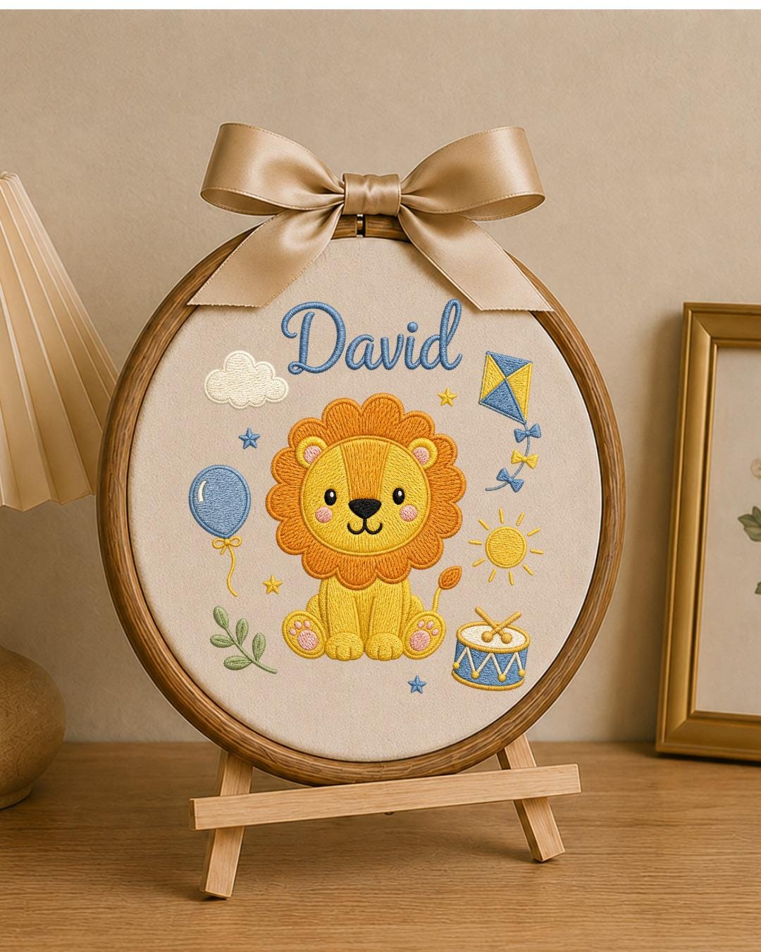 Personalized Lion Embroidery Hoop, Custom Baby Name Ornament, Safari Nursery Wall Decor, Baby Boy Room Sign, Newborn Keepsake Gift