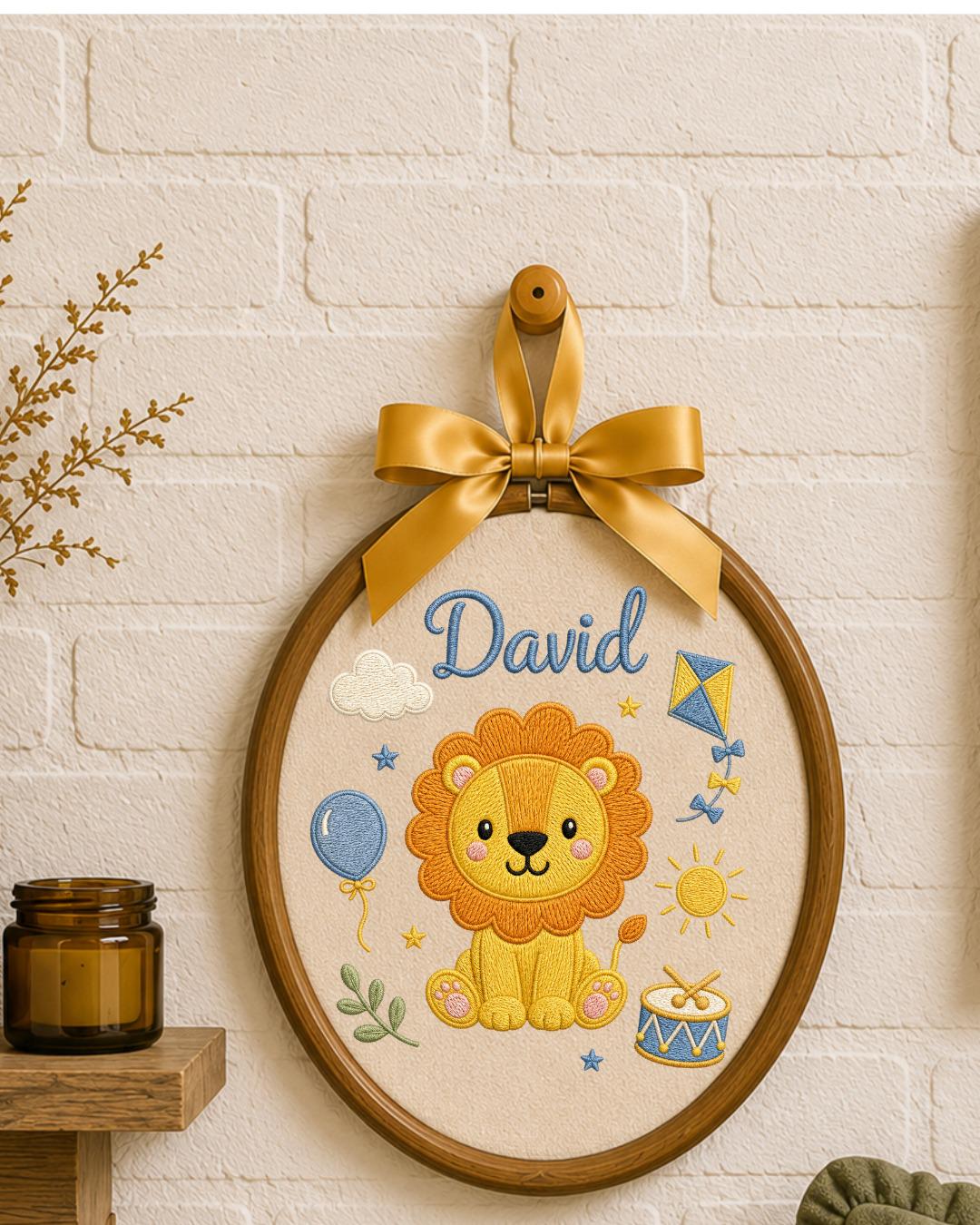 Personalized Lion Embroidery Hoop, Custom Baby Name Ornament, Safari Nursery Wall Decor, Baby Boy Room Sign, Newborn Keepsake Gift