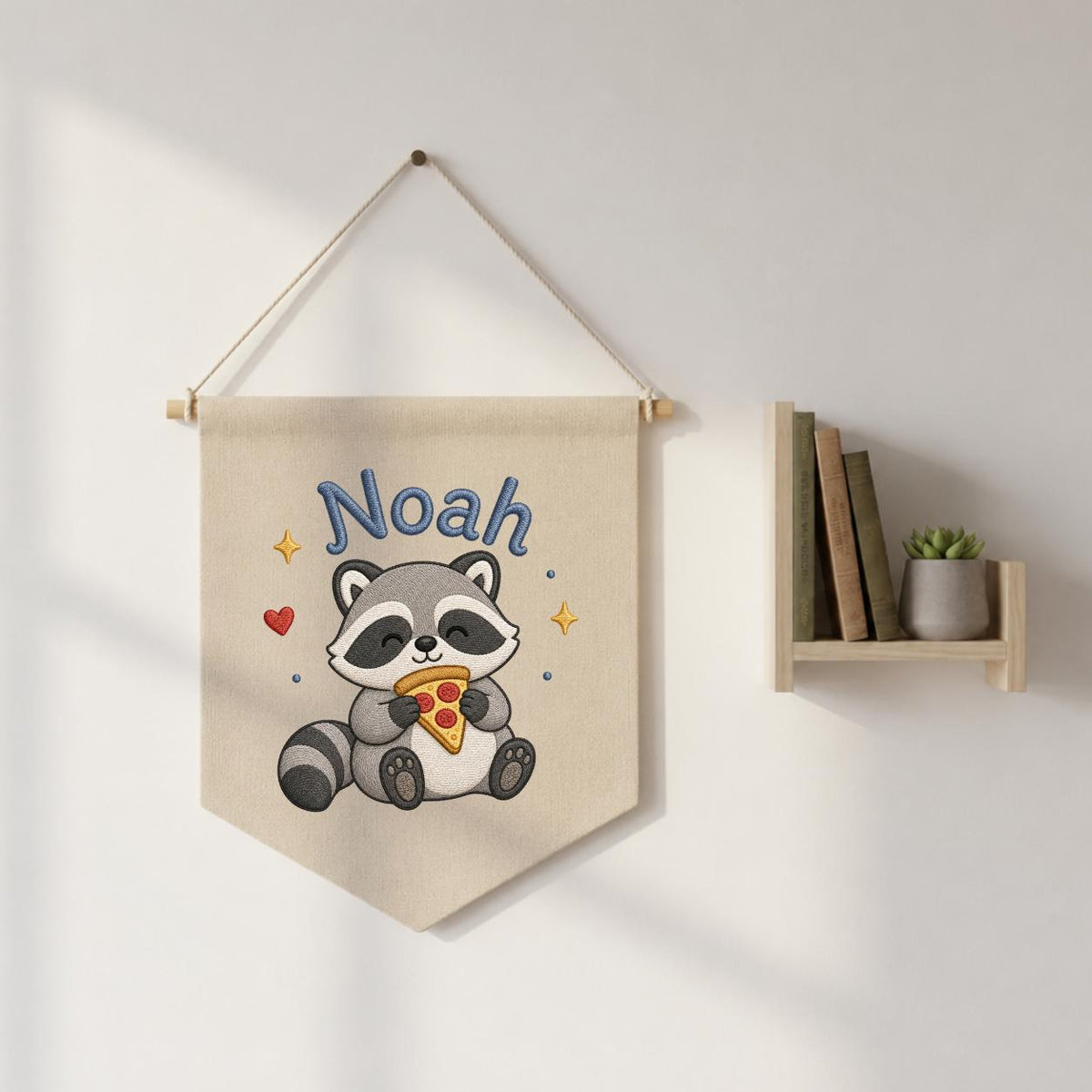 Personalized Embroidered Raccoon Banner, Custom Name Nursery Decor, Linen Wall Hanging