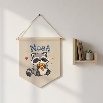 Personalized Embroidered Raccoon Banner, Custom Name Nursery Decor, Linen Wall Hanging
