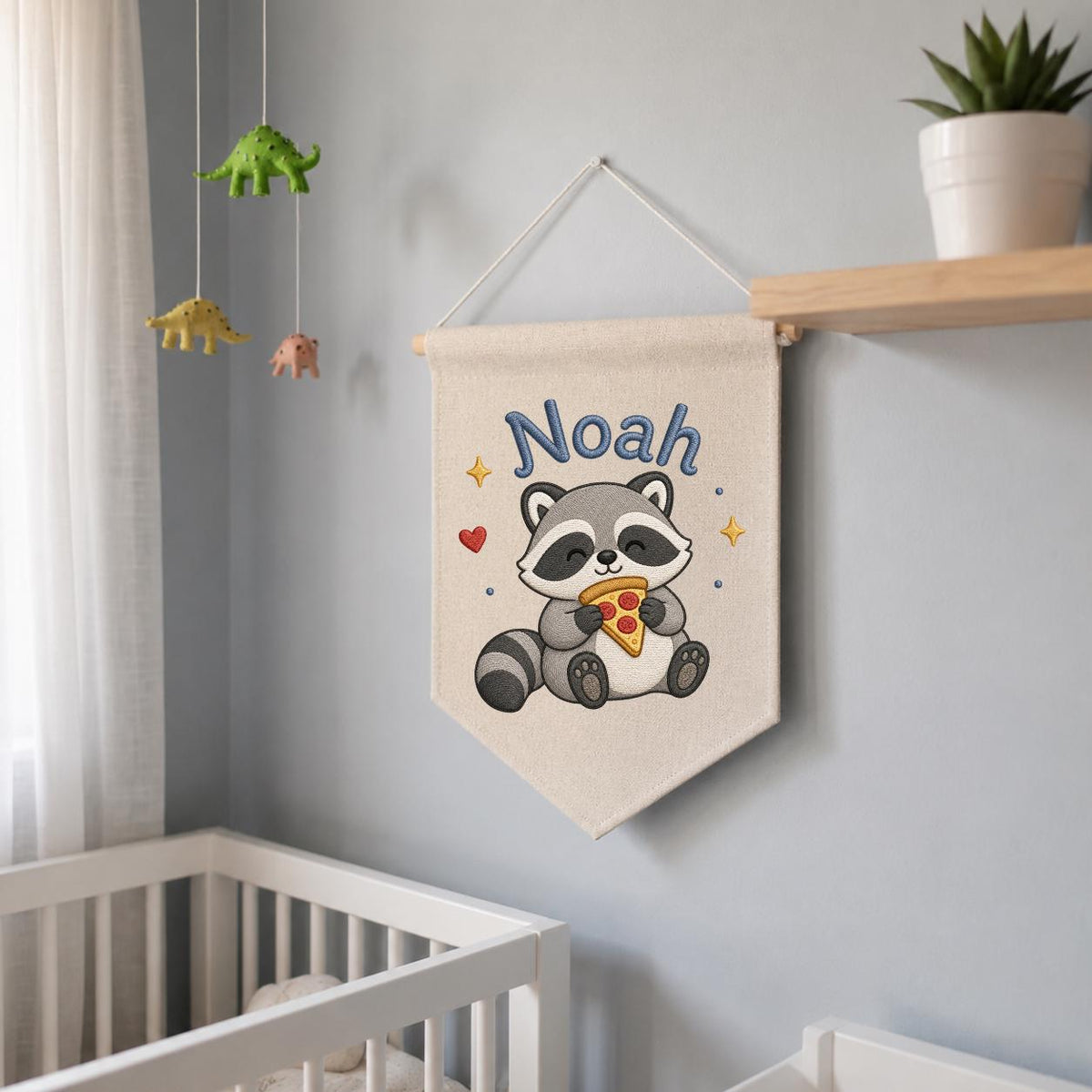 Personalized Embroidered Raccoon Banner, Custom Name Nursery Decor, Linen Wall Hanging