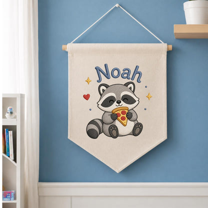 Personalized Embroidered Raccoon Banner, Custom Name Nursery Decor, Linen Wall Hanging