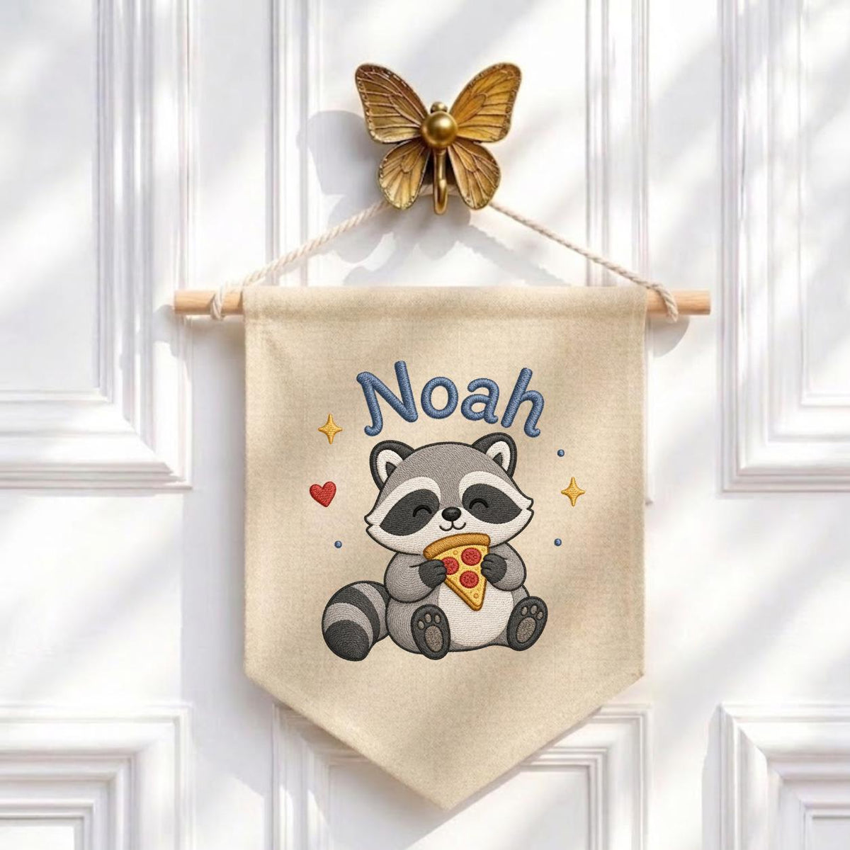 Personalized Embroidered Raccoon Banner, Custom Name Nursery Decor, Linen Wall Hanging