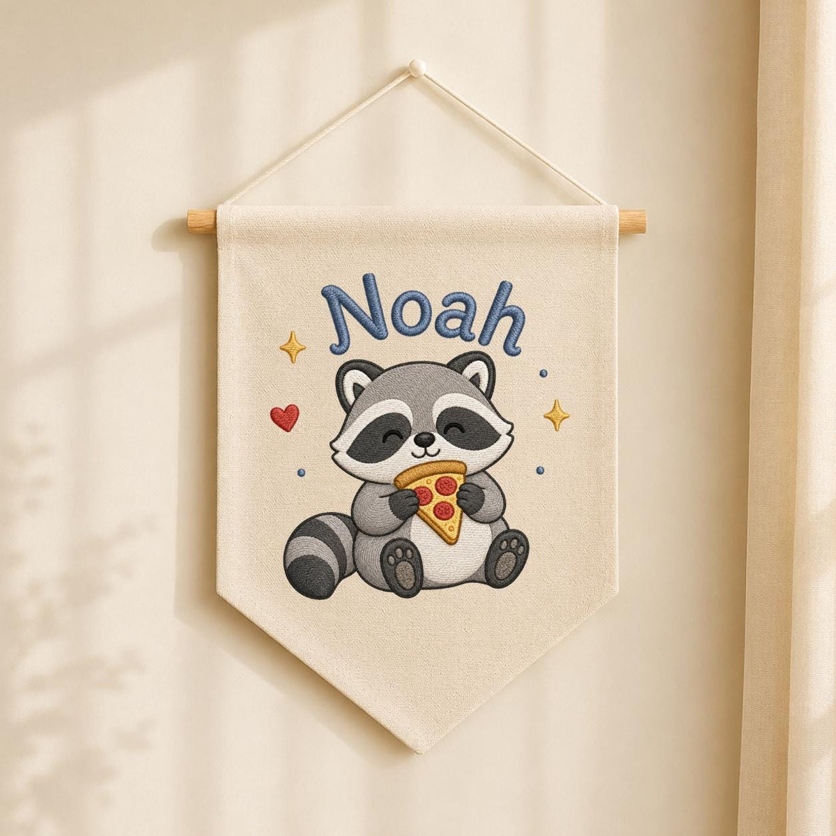 Personalized Embroidered Raccoon Banner, Custom Name Nursery Decor, Linen Wall Hanging